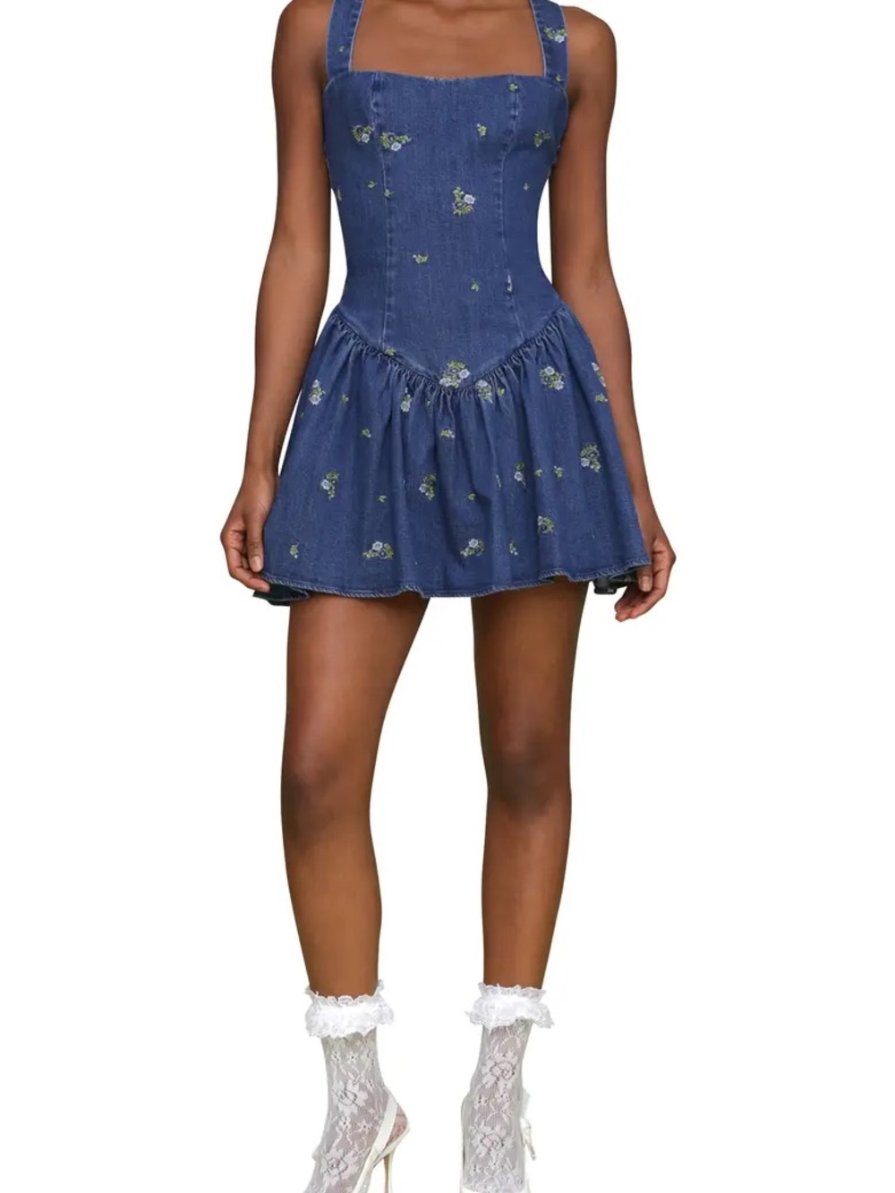 Avec Les Filles Denim Mini Dress with Floral Embroidery - Blue - Picture 2 of 6